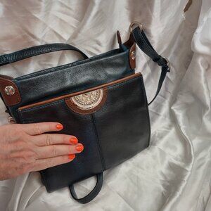 * Brighton Leather Handbag, Black Forest Green Gray Beautiful Leather Long Strap